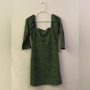 mini long sleeve dress, dark green with white polka dots, square neckline